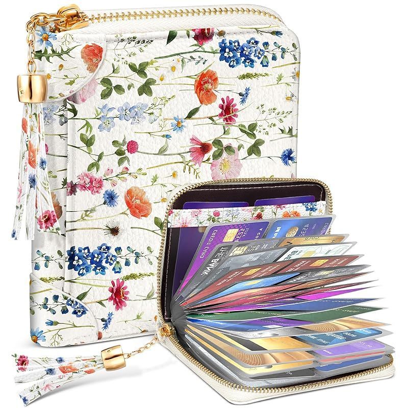 Bistup 【40 Slots Credit Card Holder for Women Girls Cute RFID Blocking Card Organizer Leather Cardholder Protector for Lady Female Large Capacity Size Big Zipper Wallet Flower Kawaii Aesthetic Unique