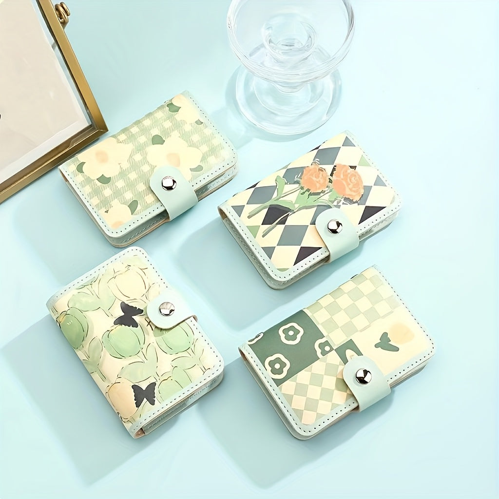 51pcs Mint Green Floral Credit Card Holder | Compact Card Set, Suitable for All Genders, 20 Card Slots, Rfid-Blocking Accordion Wallet with Buckle, Comes with Lanyard in Y2K Style