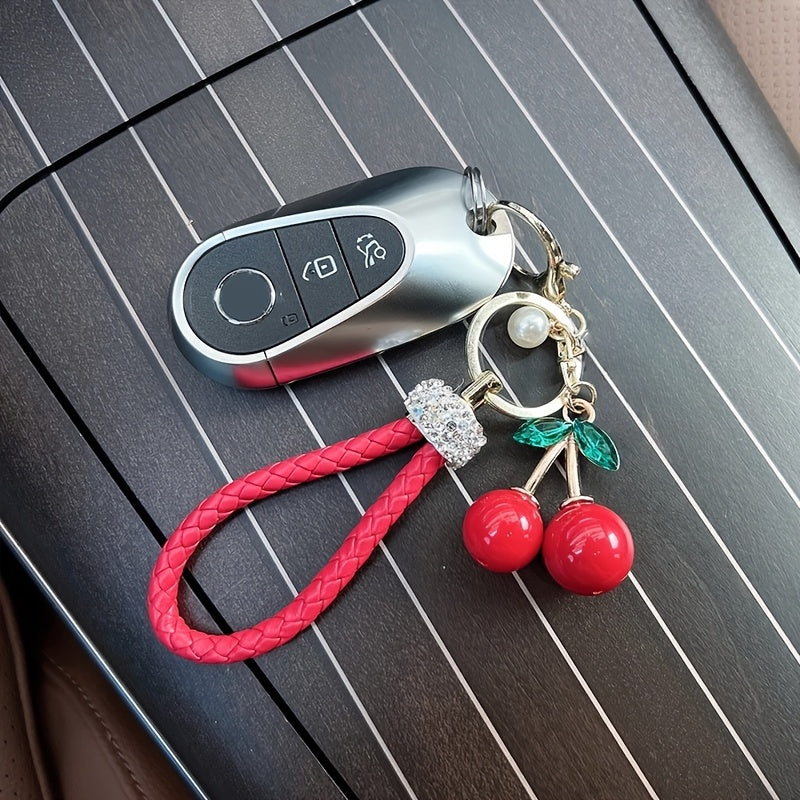 1pc Creative Cute Fruit Car Keychain | Inlaid With Rhinestones, Faux Leather, Creative Red Cherry, Bag Pendant Accessory