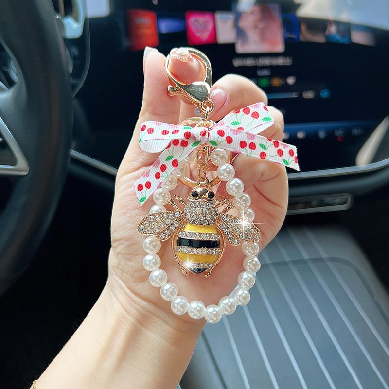 1pc Adorable Pearl-Embellished Cherry Bee Car Keychain with Chain & Zinc Alloy Components | Universal Vehicle Use