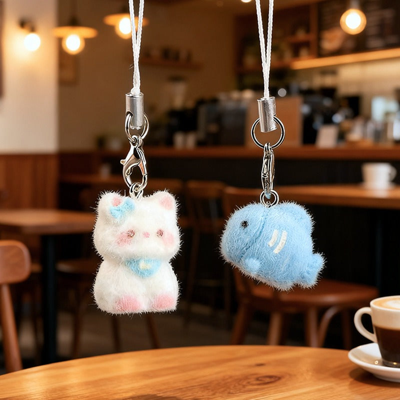 Cute Flocking Kitten Mobile Phone Chain Bag Pendant Fluffy Little Blue Fish Keychain Schoolbag Decoration