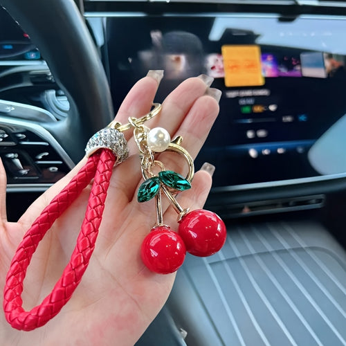 1pc Creative Cute Fruit Car Keychain | Inlaid With Rhinestones, Faux Leather, Creative Red Cherry, Bag Pendant Accessory