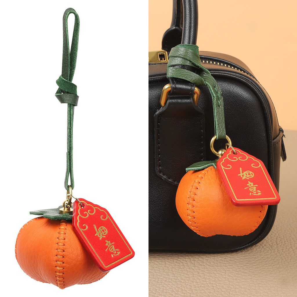 CRAZYSMITH 1pc Bag Charm Persimmon Genuine Leather Orange Fruit Pendant Goatskin Handmade Keychain Purse Charms Handbags Birthday Gift For Her leathercraft .diy .leather supplies