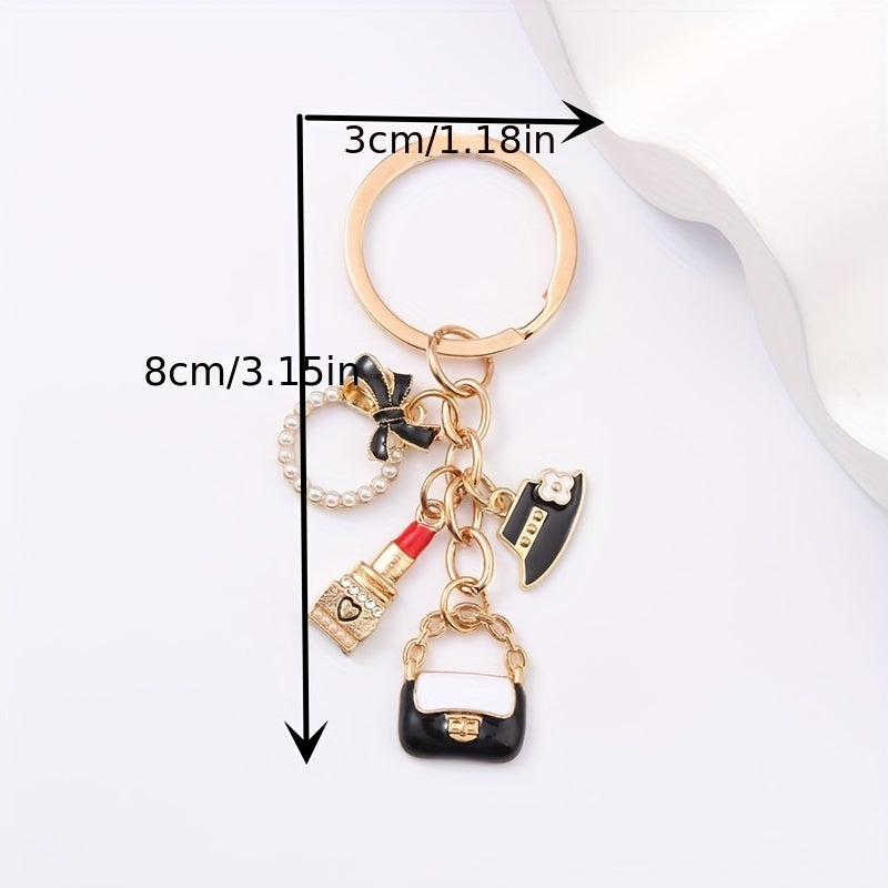Elegant Golden Keychain with Lipstick, Hat, and Ring Charms - Chic Metal Accessory for Women's Bags and Cars, Perfect Birthday Gift, Novelty Wallet