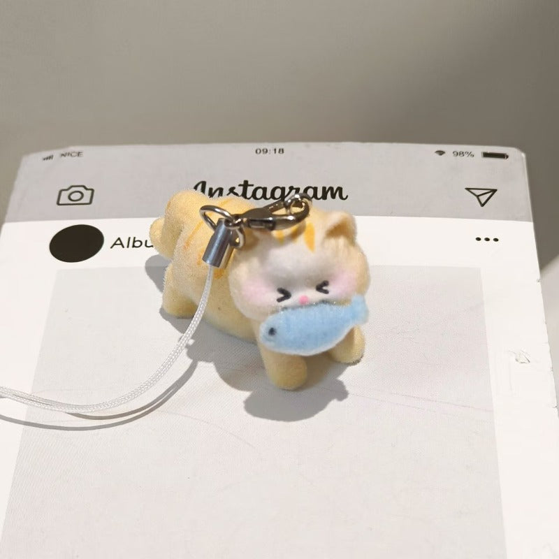 Flocking Three-dimensional Cute Kitten Eating Fish Keychain Pendant Pendant DIY Pendant Bag Mobile Phone Pendant Cartoon Couple