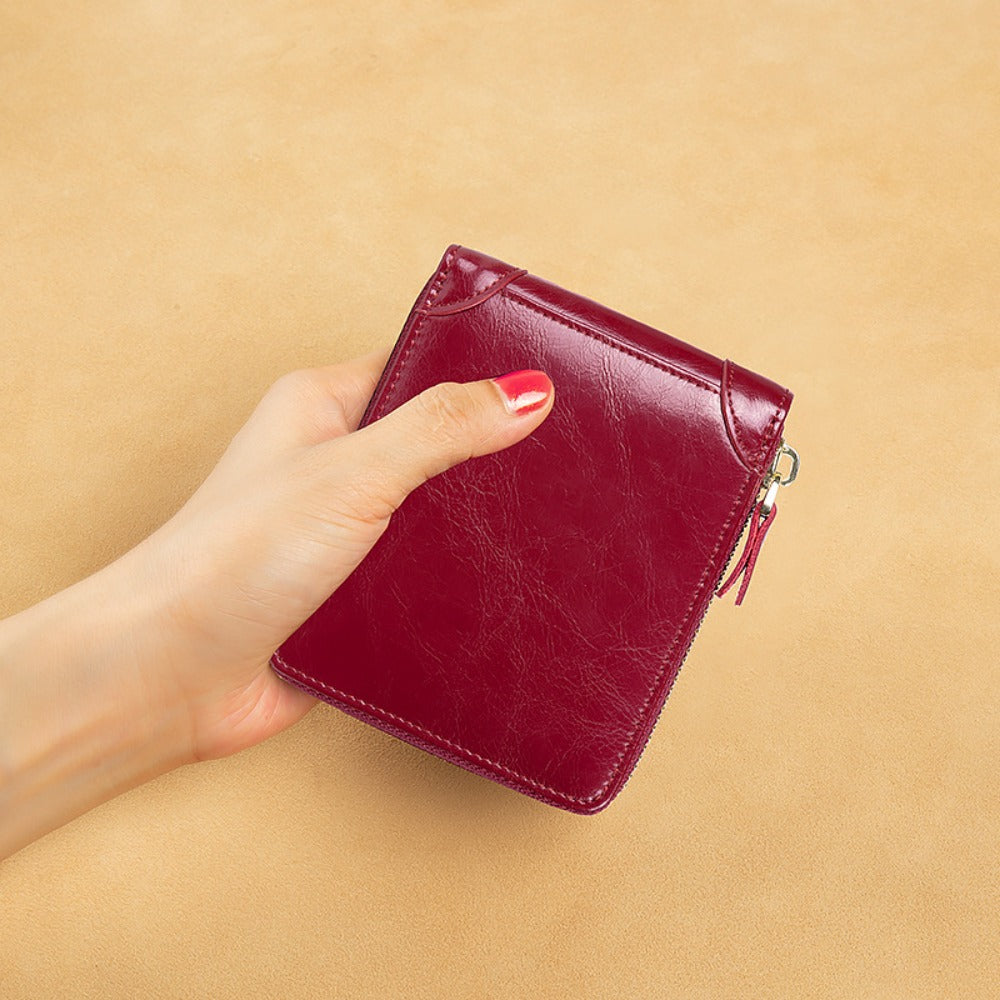 Genuine Leather Zipper Coin Pouch, Cowhide Wallet, Fashionable Multi-Functional Wallet, Short Style, Double Zipper, Portable