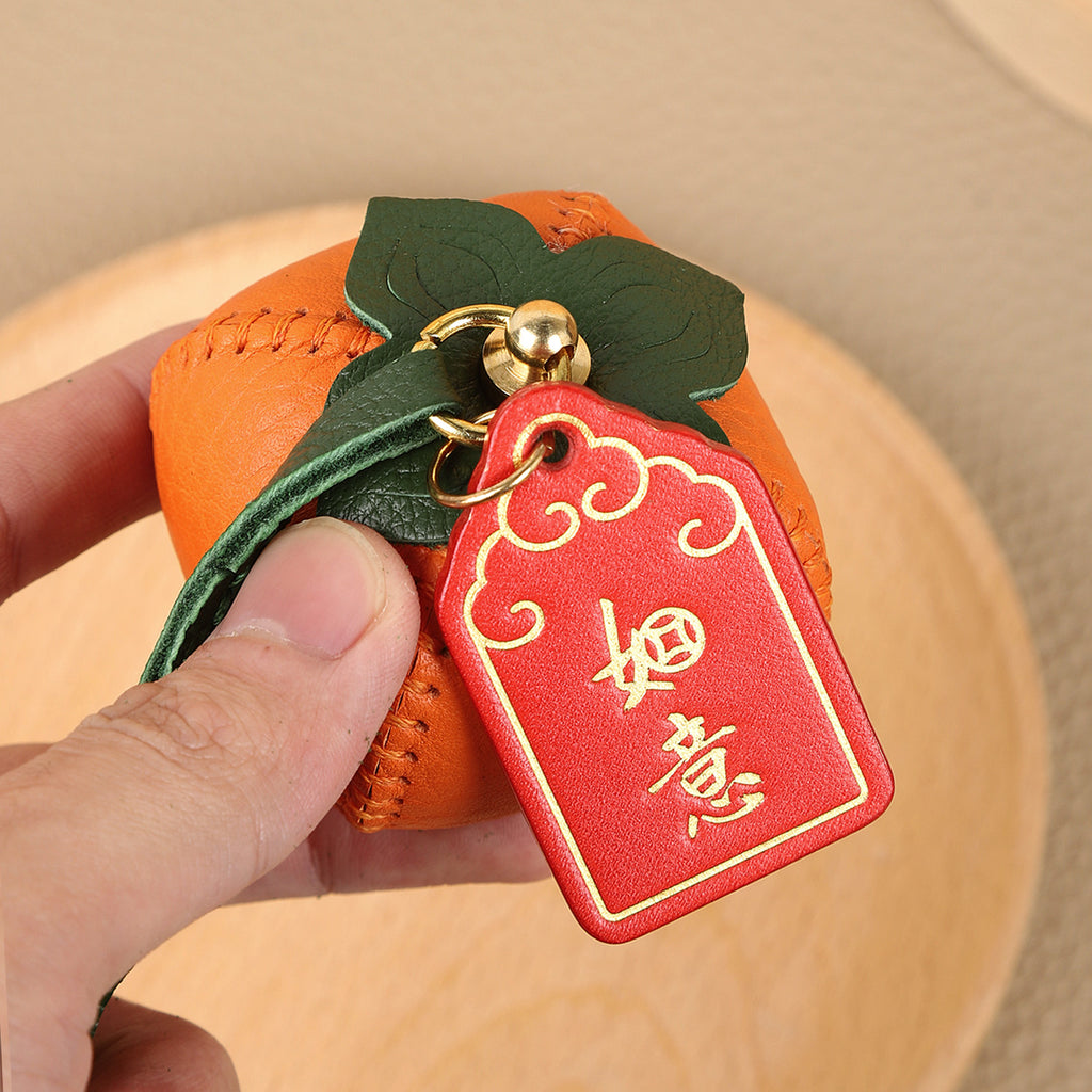 CRAZYSMITH 1pc Bag Charm Persimmon Genuine Leather Orange Fruit Pendant Goatskin Handmade Keychain Purse Charms Handbags Birthday Gift For Her leathercraft .diy .leather supplies