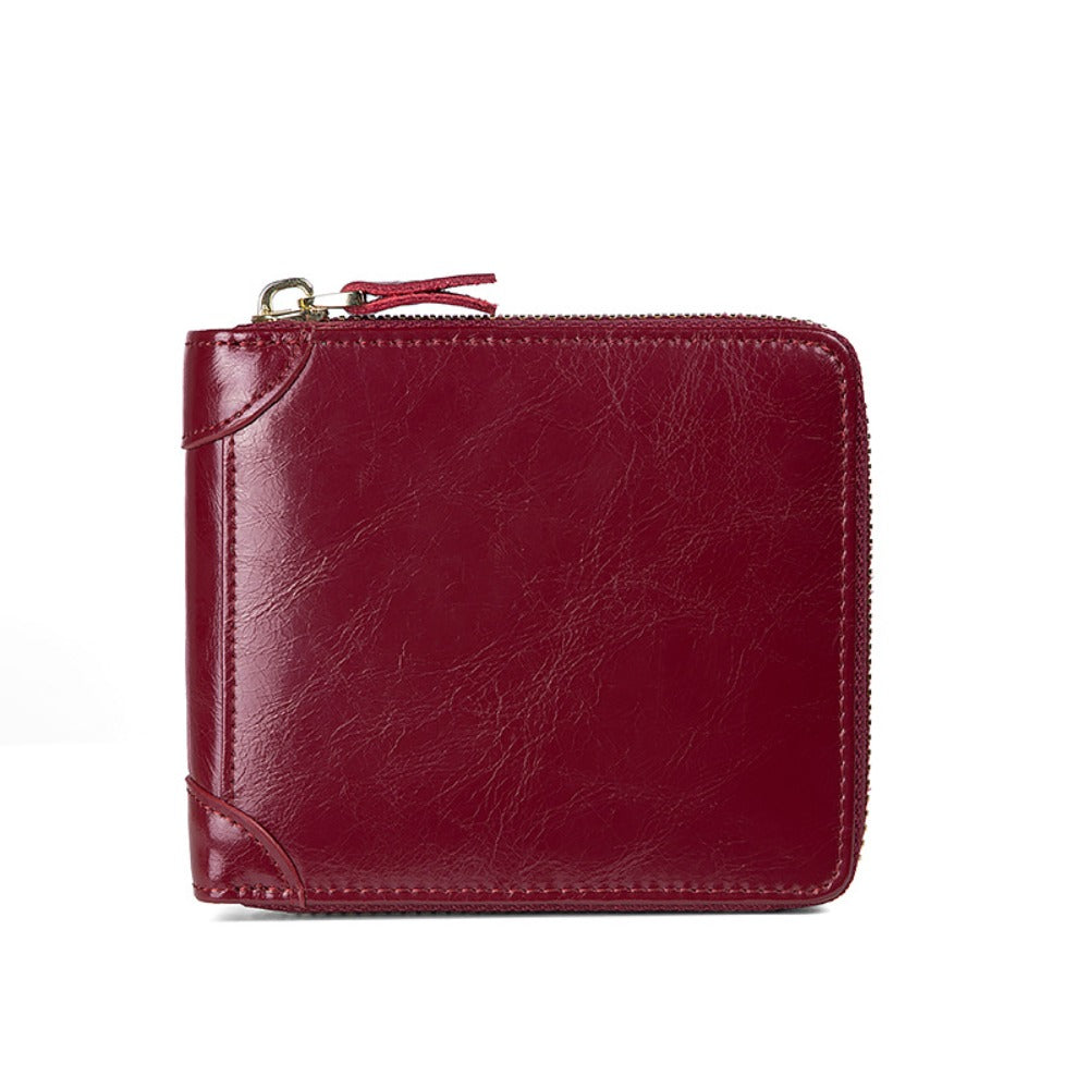 Genuine Leather Zipper Coin Pouch, Cowhide Wallet, Fashionable Multi-Functional Wallet, Short Style, Double Zipper, Portable