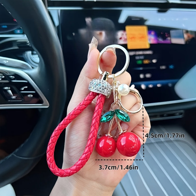 1pc Creative Cute Fruit Car Keychain | Inlaid With Rhinestones, Faux Leather, Creative Red Cherry, Bag Pendant Accessory