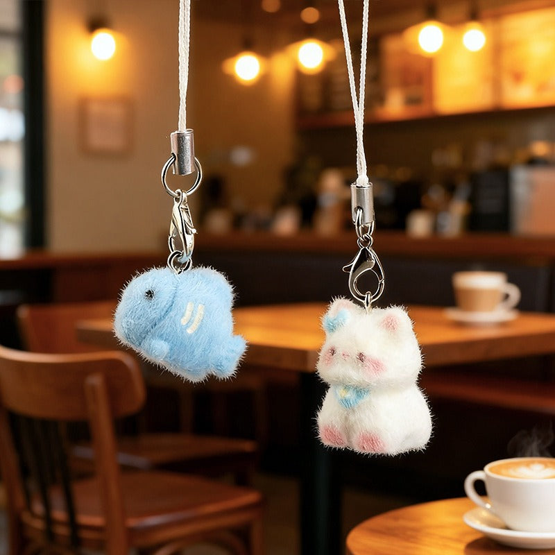 Cute Flocking Kitten Mobile Phone Chain Bag Pendant Fluffy Little Blue Fish Keychain Schoolbag Decoration