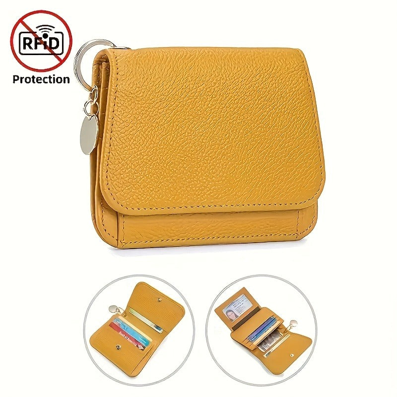 A Stylish Short Wallet for Women Made of Faux Leather, Featuring RFID Protection, Six Slots for Cards, a Zippered Coin Compartment, an ID Window, And a Keychain. It'S Both Fashionable And Safe, Ideal for Daily Use