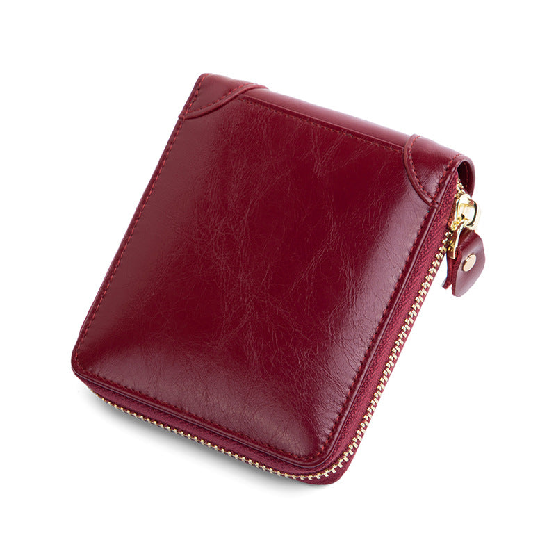 Genuine Leather Zipper Coin Pouch, Cowhide Wallet, Fashionable Multi-Functional Wallet, Short Style, Double Zipper, Portable