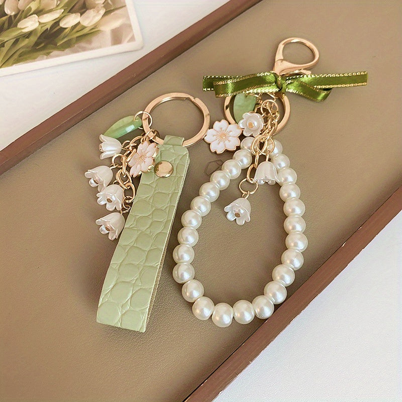 2pcs Lily of the Valley Spring Forest Keychains, Cute Sweet Keyrings for Women, Fairy Green Aesthetic Bag Accessories