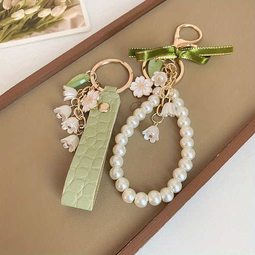 2pcs Lily of the Valley Spring Forest Keychains, Cute Sweet Keyrings for Women, Fairy Green Aesthetic Bag Accessories