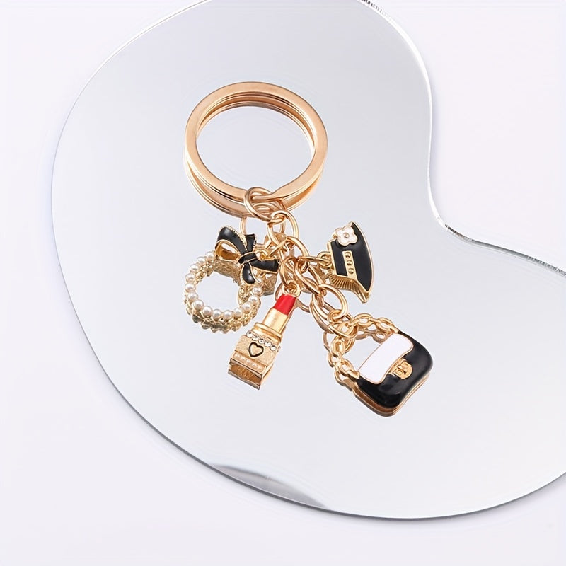 Elegant Golden Keychain with Lipstick, Hat, and Ring Charms - Chic Metal Accessory for Women's Bags and Cars, Perfect Birthday Gift, Novelty Wallet