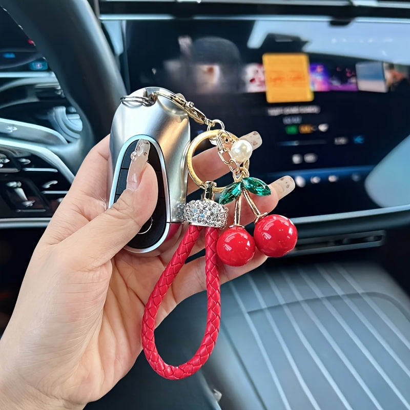 1pc Creative Cute Fruit Car Keychain | Inlaid With Rhinestones, Faux Leather, Creative Red Cherry, Bag Pendant Accessory