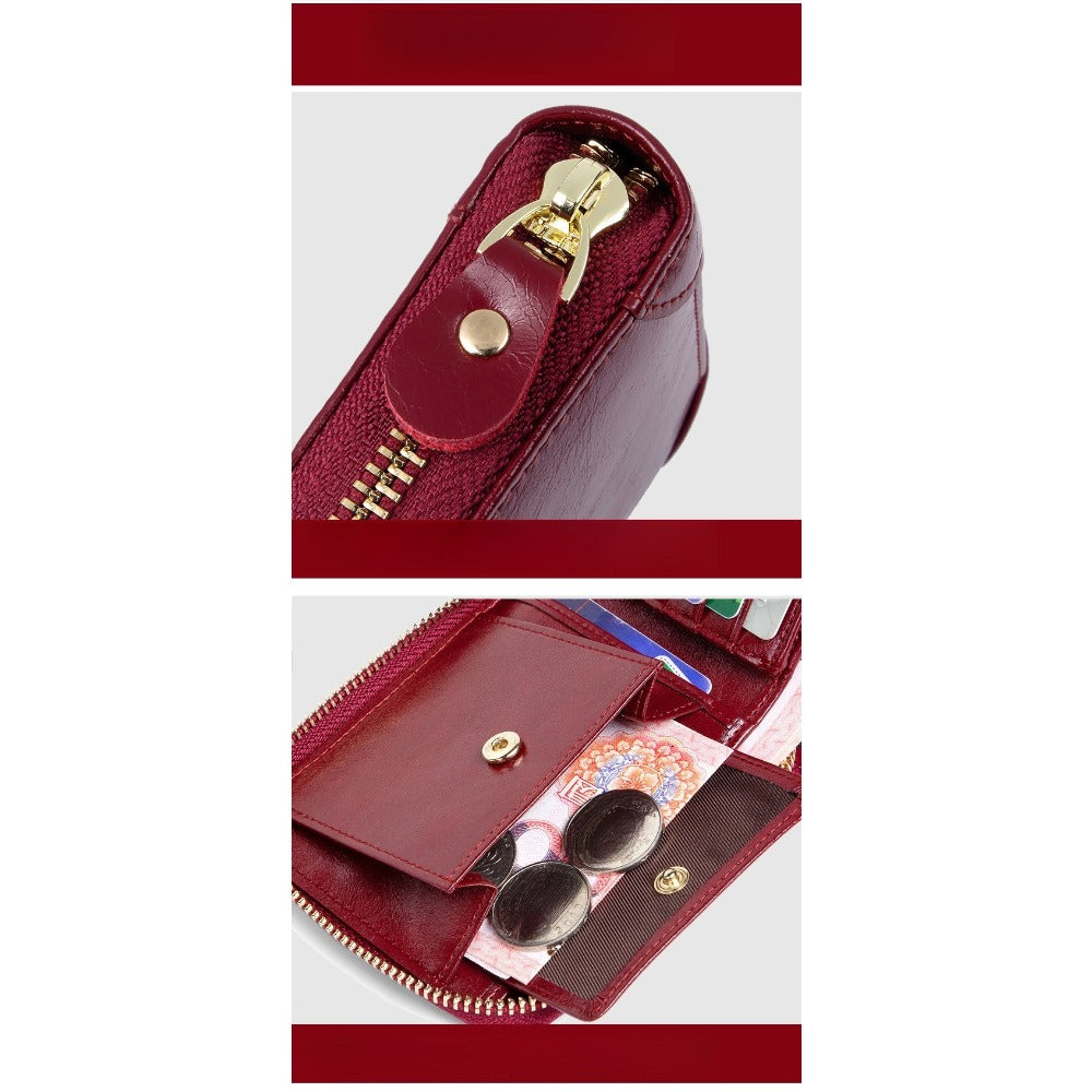 Genuine Leather Zipper Coin Pouch, Cowhide Wallet, Fashionable Multi-Functional Wallet, Short Style, Double Zipper, Portable