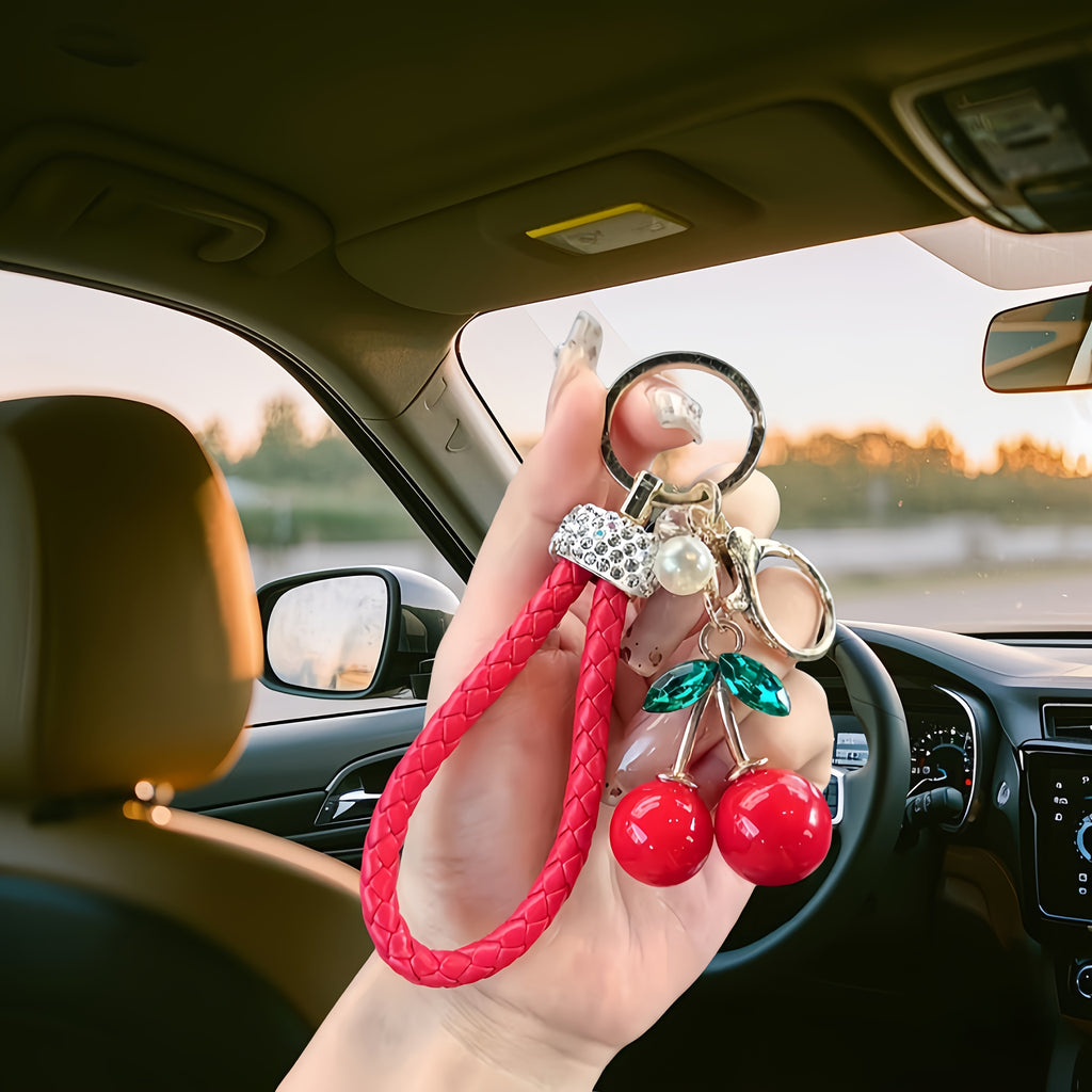 1pc Creative Cute Fruit Car Keychain | Inlaid With Rhinestones, Faux Leather, Creative Red Cherry, Bag Pendant Accessory