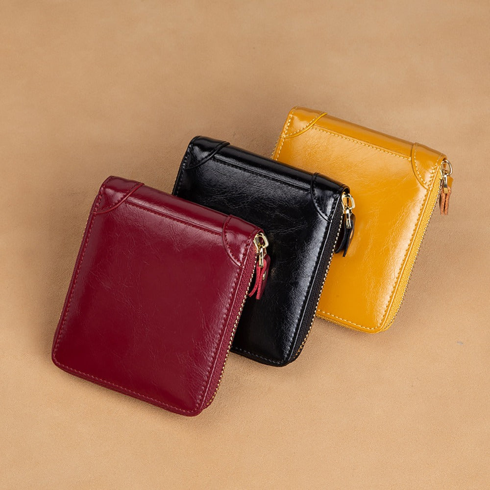Genuine Leather Zipper Coin Pouch, Cowhide Wallet, Fashionable Multi-Functional Wallet, Short Style, Double Zipper, Portable