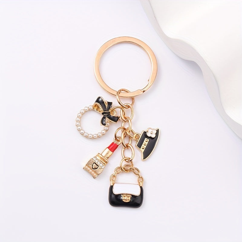 Elegant Golden Keychain with Lipstick, Hat, and Ring Charms - Chic Metal Accessory for Women's Bags and Cars, Perfect Birthday Gift, Novelty Wallet