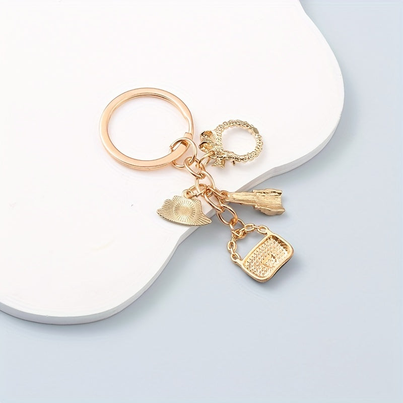 Elegant Golden Keychain with Lipstick, Hat, and Ring Charms - Chic Metal Accessory for Women's Bags and Cars, Perfect Birthday Gift, Novelty Wallet