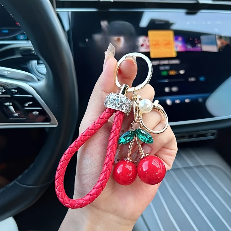 1pc Creative Cute Fruit Car Keychain | Inlaid With Rhinestones, Faux Leather, Creative Red Cherry, Bag Pendant Accessory