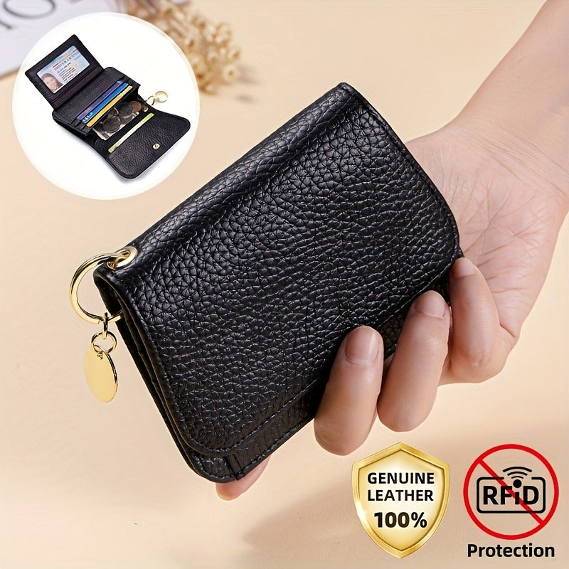 A Stylish Short Wallet for Women Made of Faux Leather, Featuring RFID Protection, Six Slots for Cards, a Zippered Coin Compartment, an ID Window, And a Keychain. It'S Both Fashionable And Safe, Ideal for Daily Use