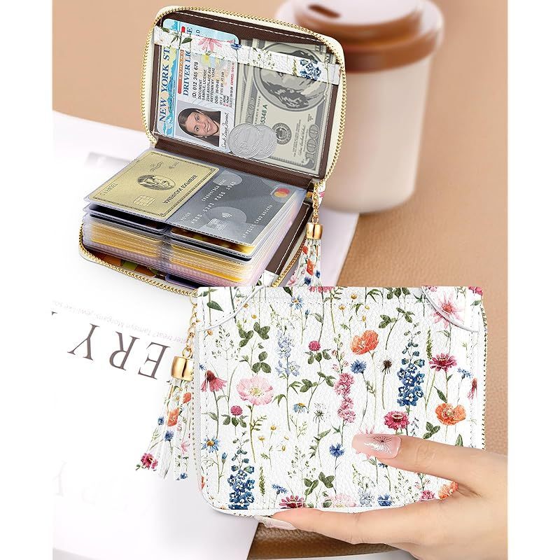 Bistup 【40 Slots Credit Card Holder for Women Girls Cute RFID Blocking Card Organizer Leather Cardholder Protector for Lady Female Large Capacity Size Big Zipper Wallet Flower Kawaii Aesthetic Unique
