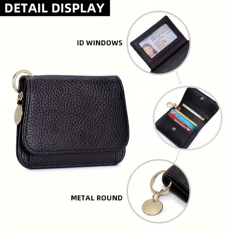 A Stylish Short Wallet for Women Made of Faux Leather, Featuring RFID Protection, Six Slots for Cards, a Zippered Coin Compartment, an ID Window, And a Keychain. It'S Both Fashionable And Safe, Ideal for Daily Use