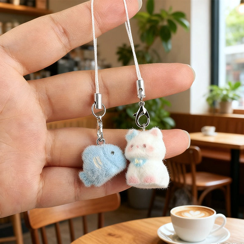 Cute Flocking Kitten Mobile Phone Chain Bag Pendant Fluffy Little Blue Fish Keychain Schoolbag Decoration
