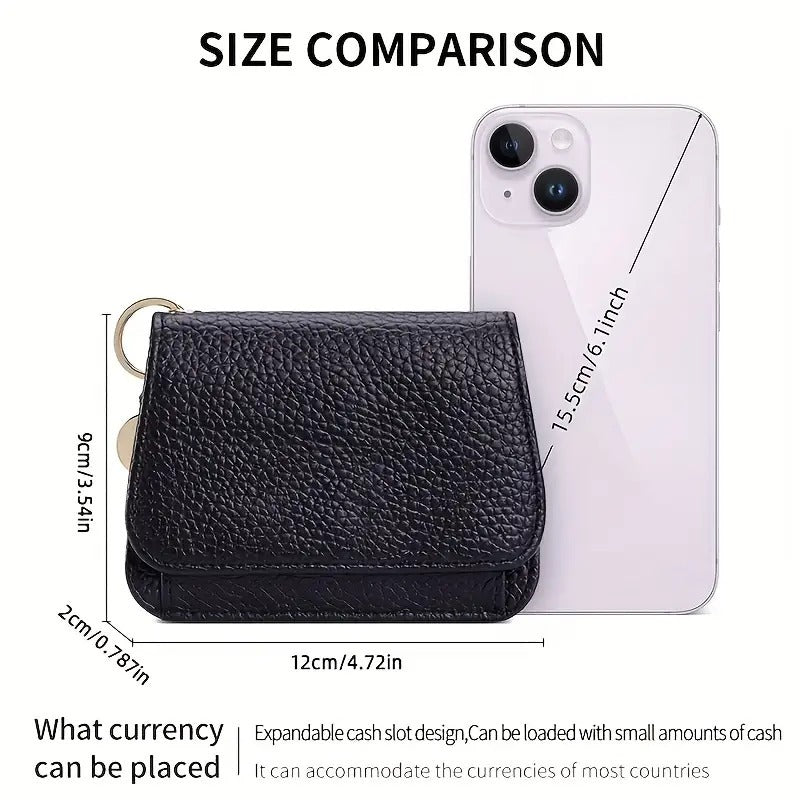 A Stylish Short Wallet for Women Made of Faux Leather, Featuring RFID Protection, Six Slots for Cards, a Zippered Coin Compartment, an ID Window, And a Keychain. It'S Both Fashionable And Safe, Ideal for Daily Use