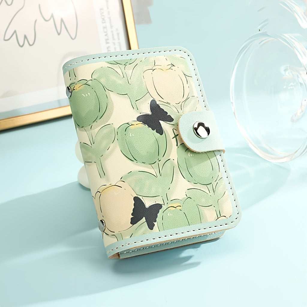 51pcs Mint Green Floral Credit Card Holder | Compact Card Set, Suitable for All Genders, 20 Card Slots, Rfid-Blocking Accordion Wallet with Buckle, Comes with Lanyard in Y2K Style