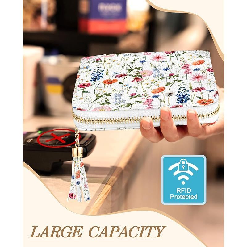 Bistup 【40 Slots Credit Card Holder for Women Girls Cute RFID Blocking Card Organizer Leather Cardholder Protector for Lady Female Large Capacity Size Big Zipper Wallet Flower Kawaii Aesthetic Unique