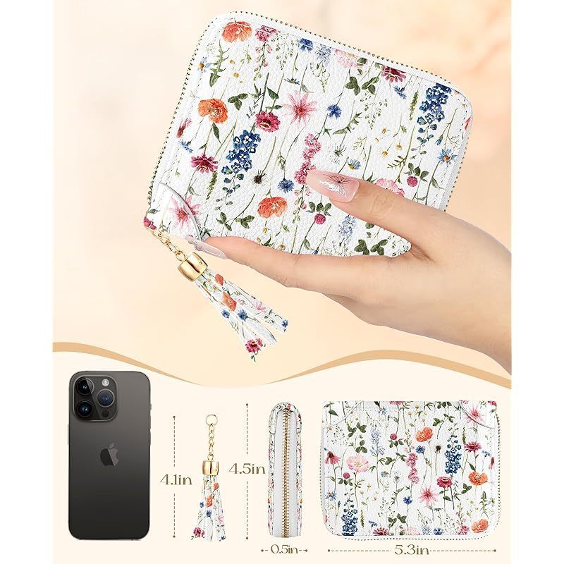 Bistup 【40 Slots Credit Card Holder for Women Girls Cute RFID Blocking Card Organizer Leather Cardholder Protector for Lady Female Large Capacity Size Big Zipper Wallet Flower Kawaii Aesthetic Unique