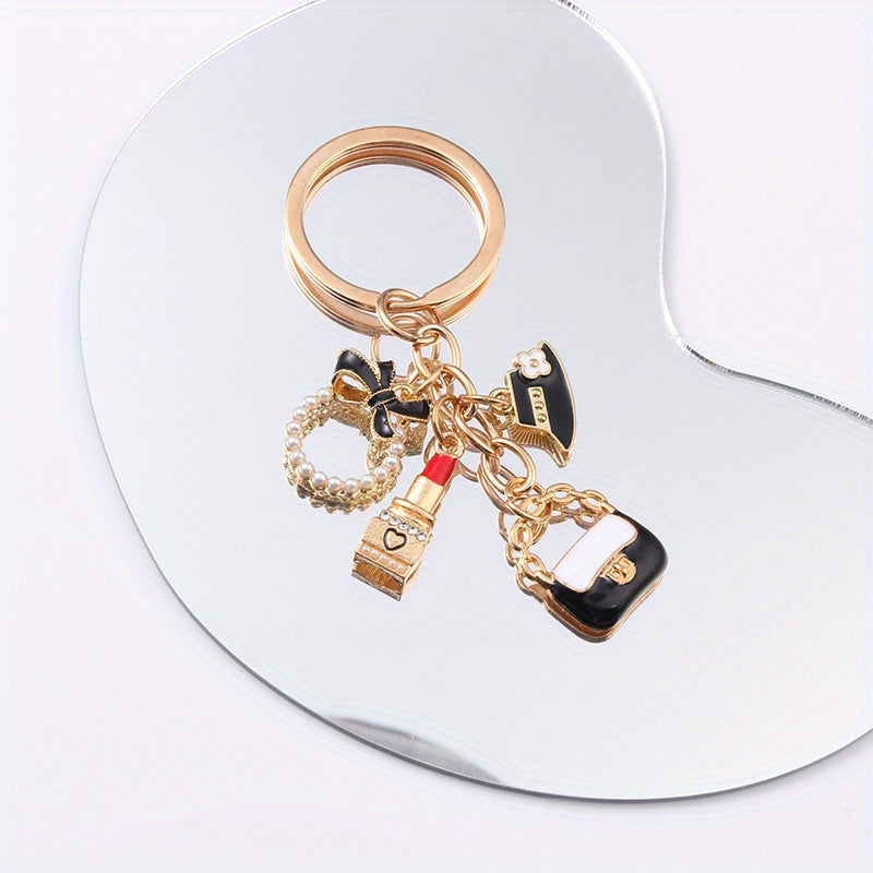Elegant Golden Keychain with Lipstick, Hat, and Ring Charms - Chic Metal Accessory for Women's Bags and Cars, Perfect Birthday Gift, Novelty Wallet