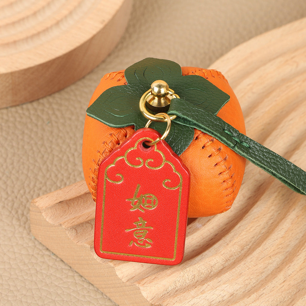 CRAZYSMITH 1pc Bag Charm Persimmon Genuine Leather Orange Fruit Pendant Goatskin Handmade Keychain Purse Charms Handbags Birthday Gift For Her leathercraft .diy .leather supplies