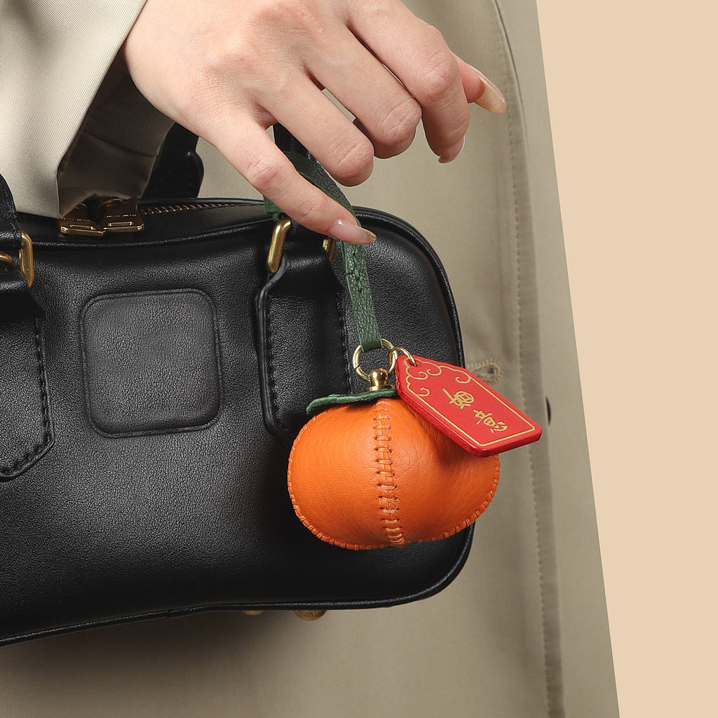 CRAZYSMITH 1pc Bag Charm Persimmon Genuine Leather Orange Fruit Pendant Goatskin Handmade Keychain Purse Charms Handbags Birthday Gift For Her leathercraft .diy .leather supplies