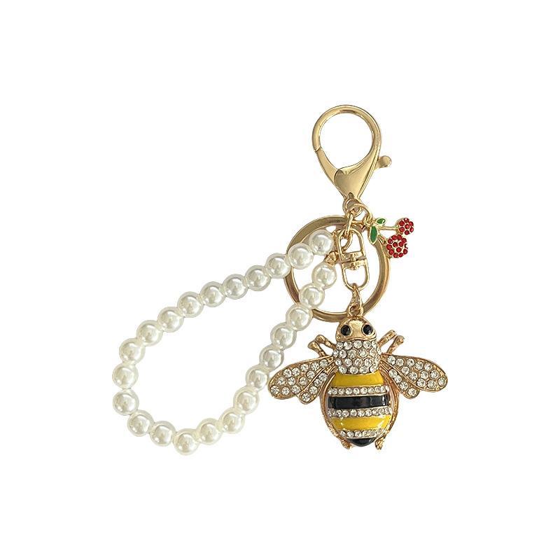 1pc Adorable Pearl-Embellished Cherry Bee Car Keychain with Chain & Zinc Alloy Components | Universal Vehicle Use