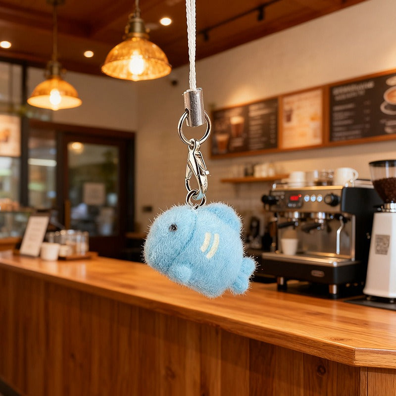Cute Flocking Kitten Mobile Phone Chain Bag Pendant Fluffy Little Blue Fish Keychain Schoolbag Decoration