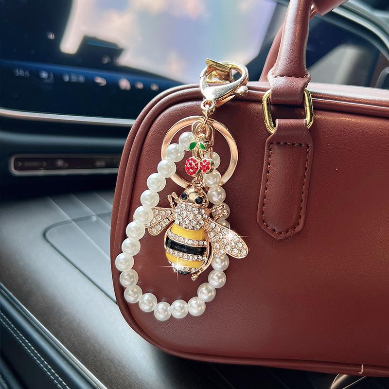 1pc Adorable Pearl-Embellished Cherry Bee Car Keychain with Chain & Zinc Alloy Components | Universal Vehicle Use