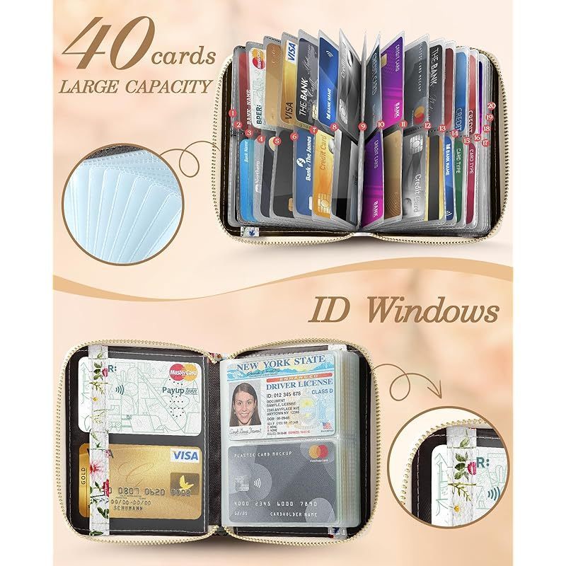 Bistup 【40 Slots Credit Card Holder for Women Girls Cute RFID Blocking Card Organizer Leather Cardholder Protector for Lady Female Large Capacity Size Big Zipper Wallet Flower Kawaii Aesthetic Unique