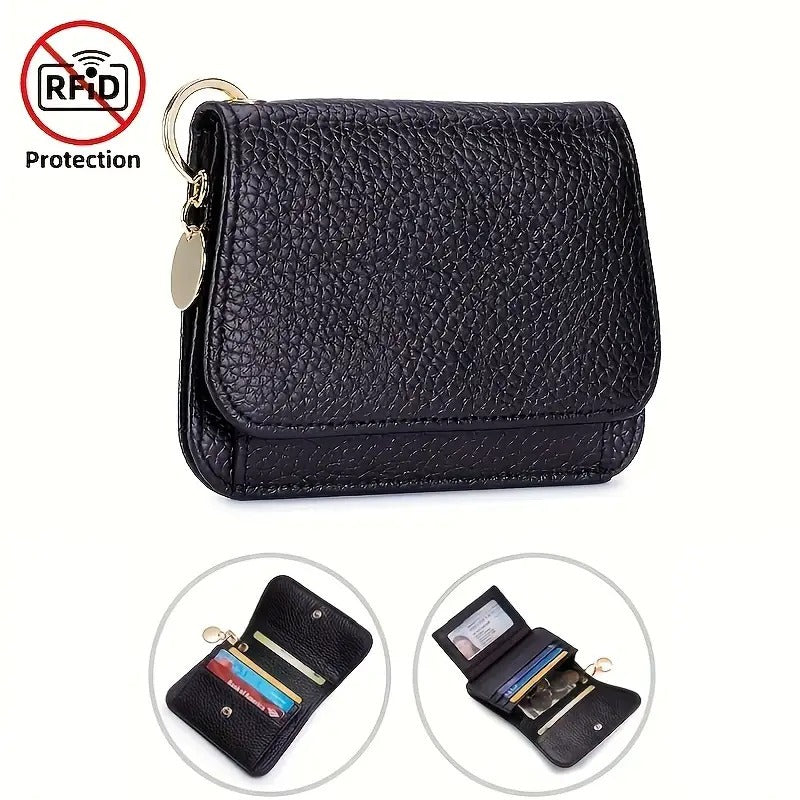 A Stylish Short Wallet for Women Made of Faux Leather, Featuring RFID Protection, Six Slots for Cards, a Zippered Coin Compartment, an ID Window, And a Keychain. It'S Both Fashionable And Safe, Ideal for Daily Use
