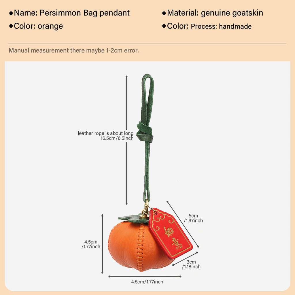 CRAZYSMITH 1pc Bag Charm Persimmon Genuine Leather Orange Fruit Pendant Goatskin Handmade Keychain Purse Charms Handbags Birthday Gift For Her leathercraft .diy .leather supplies