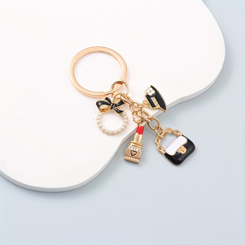 Elegant Golden Keychain with Lipstick, Hat, and Ring Charms - Chic Metal Accessory for Women's Bags and Cars, Perfect Birthday Gift, Novelty Wallet