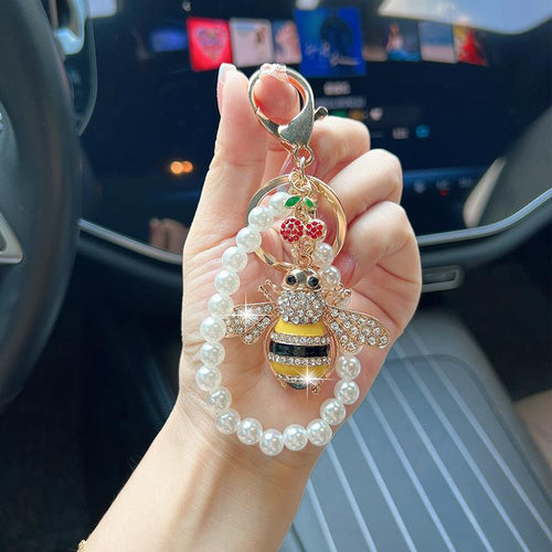 1pc Adorable Pearl-Embellished Cherry Bee Car Keychain with Chain & Zinc Alloy Components | Universal Vehicle Use